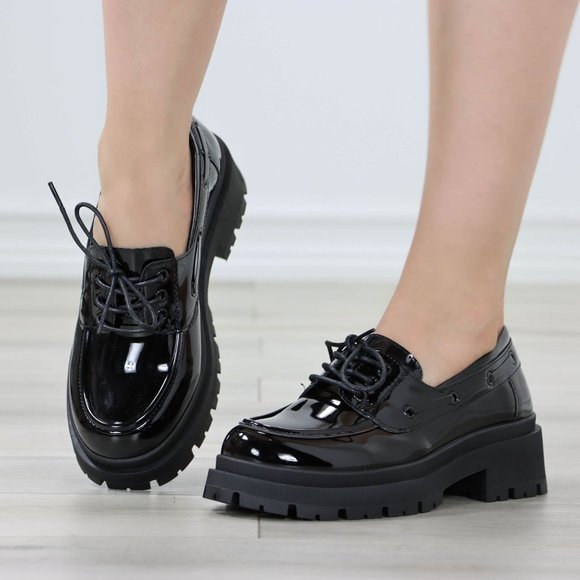 Chunky Penny Loafers Black Lug Sole Slip On Platform Patent Black Lace Up - Picture 5 of 14